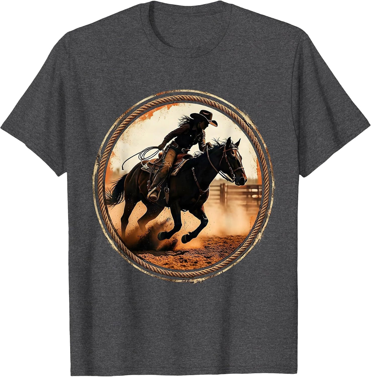 Rodeo Cowgirl Barrel Racing Illustration T-Shirt - Dark Heather Grey