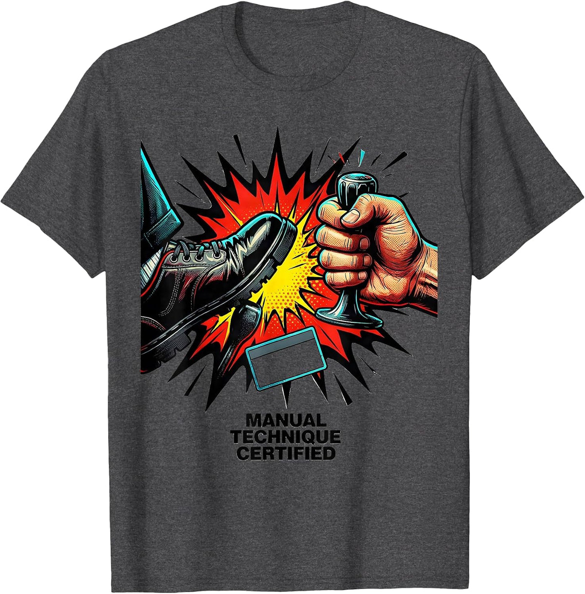 Men's Manual Technique Certified Pop Art Car Guy Manual T-Shirt - Dark Heather Grey