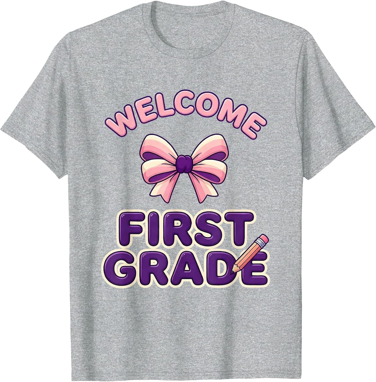 Men's Welcome, First Grade Cute Kawaii Back to School Pencil Bow T-Shirt - Heather Grey