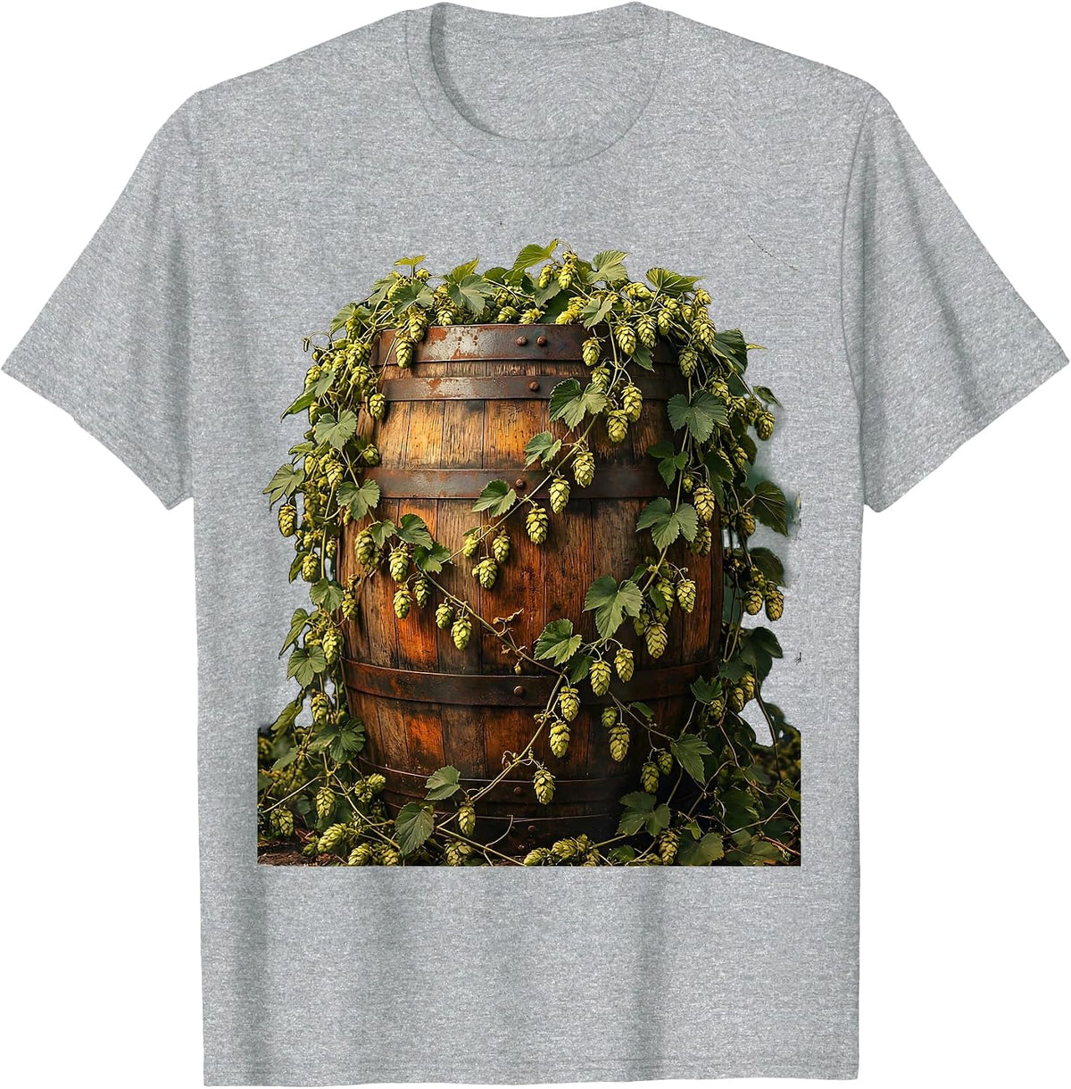 Men's Hop Vine Wrapped Barrel Craft Beer Illustration T-Shirt - Heather Grey