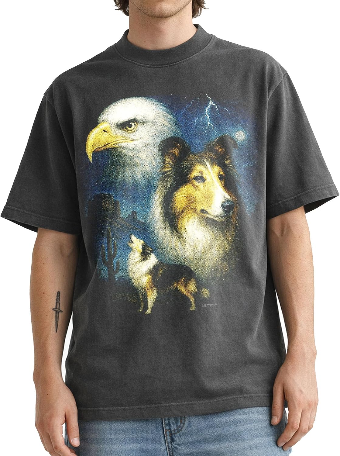 Shaka Wear Dog & Bald Eagle Thunder Tshirt - Faded Max-Heavyweight 7.5oz Oversized & Boxy - Collie