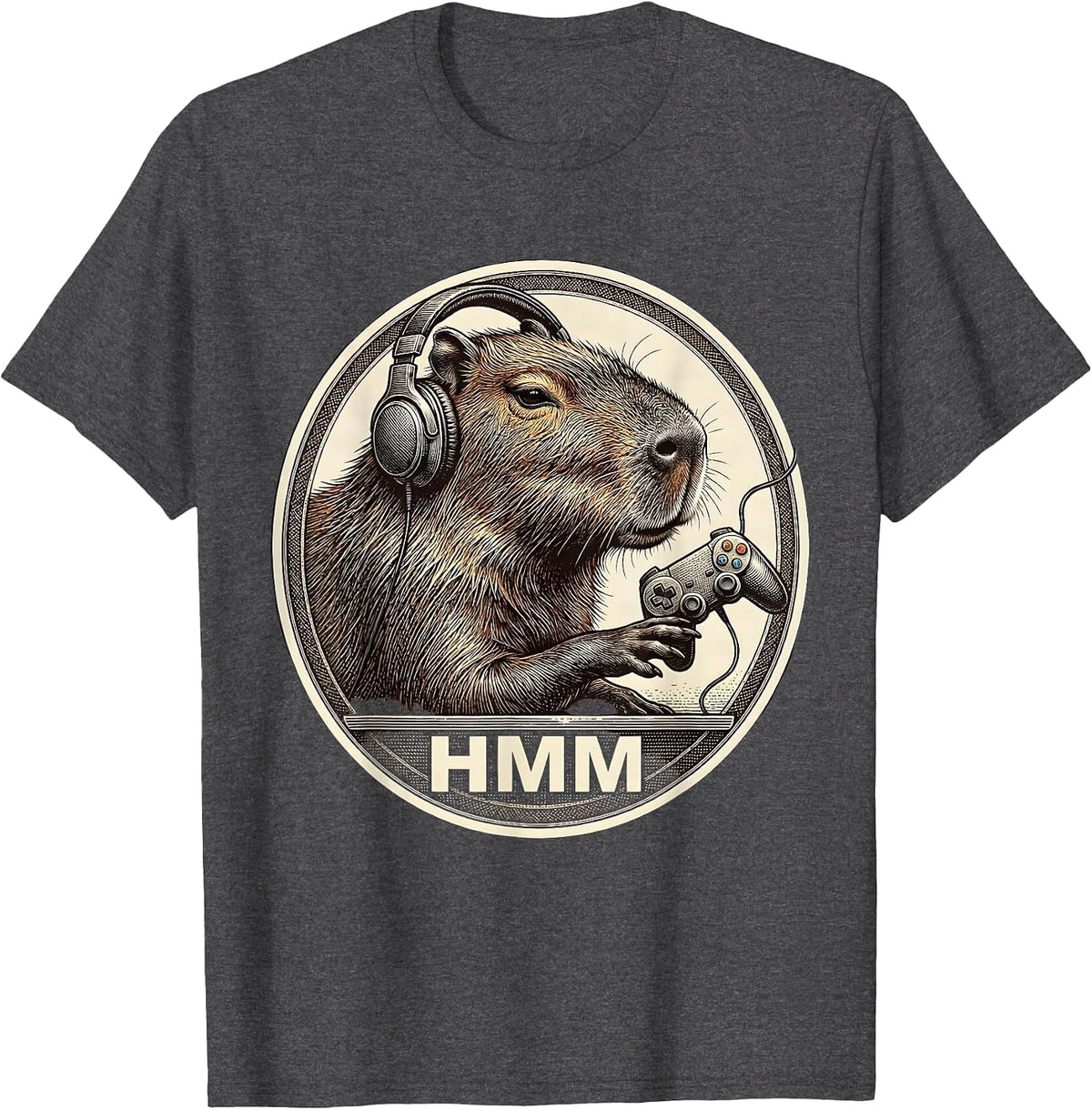 Men's Hmm Funny Capybara Gamer Meme Humor Video Games T-Shirt - Dark Heather Grey