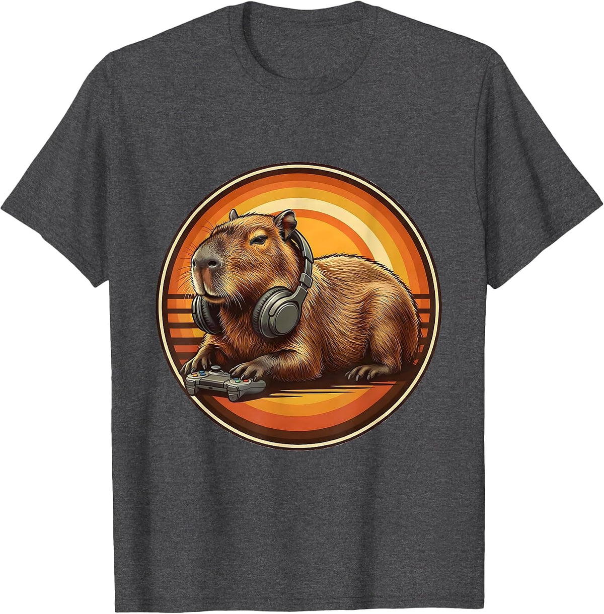 Capybara Gamer Retro 70s Meme Humor T-Shirt - Dark Heather Grey
