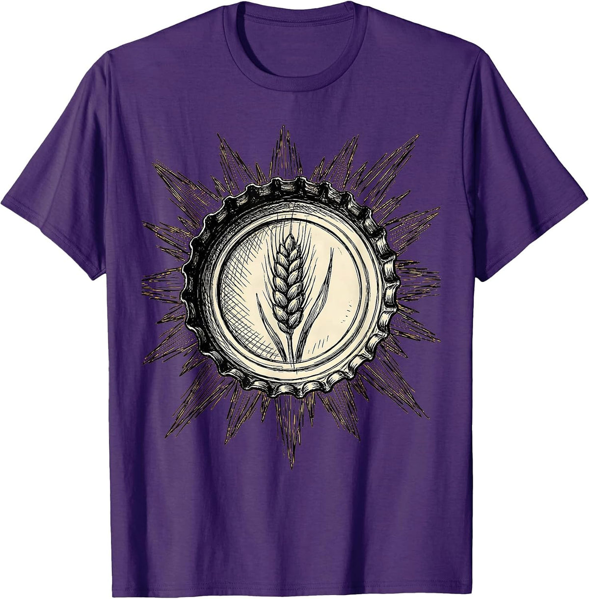 Men's Vintage Beer Bottle Cap Sun Rays Graphic Tee T-Shirt - Purple