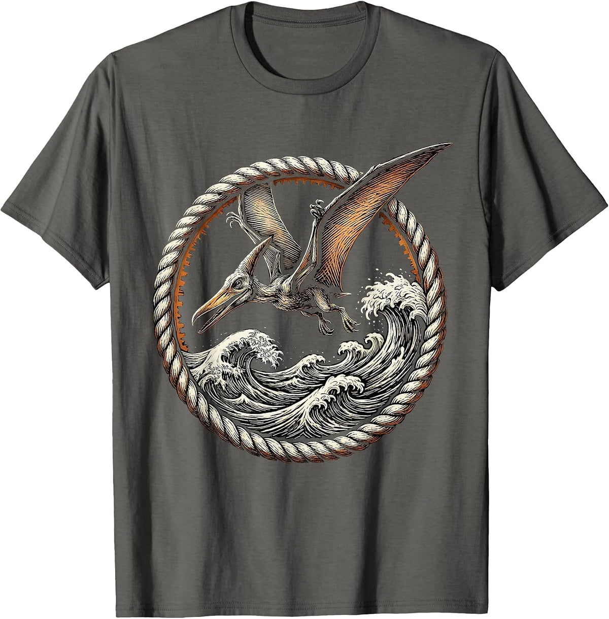Pterodactyl Diving Over Ocean Waves Dinosaur T-Shirt - Asphalt Grey
