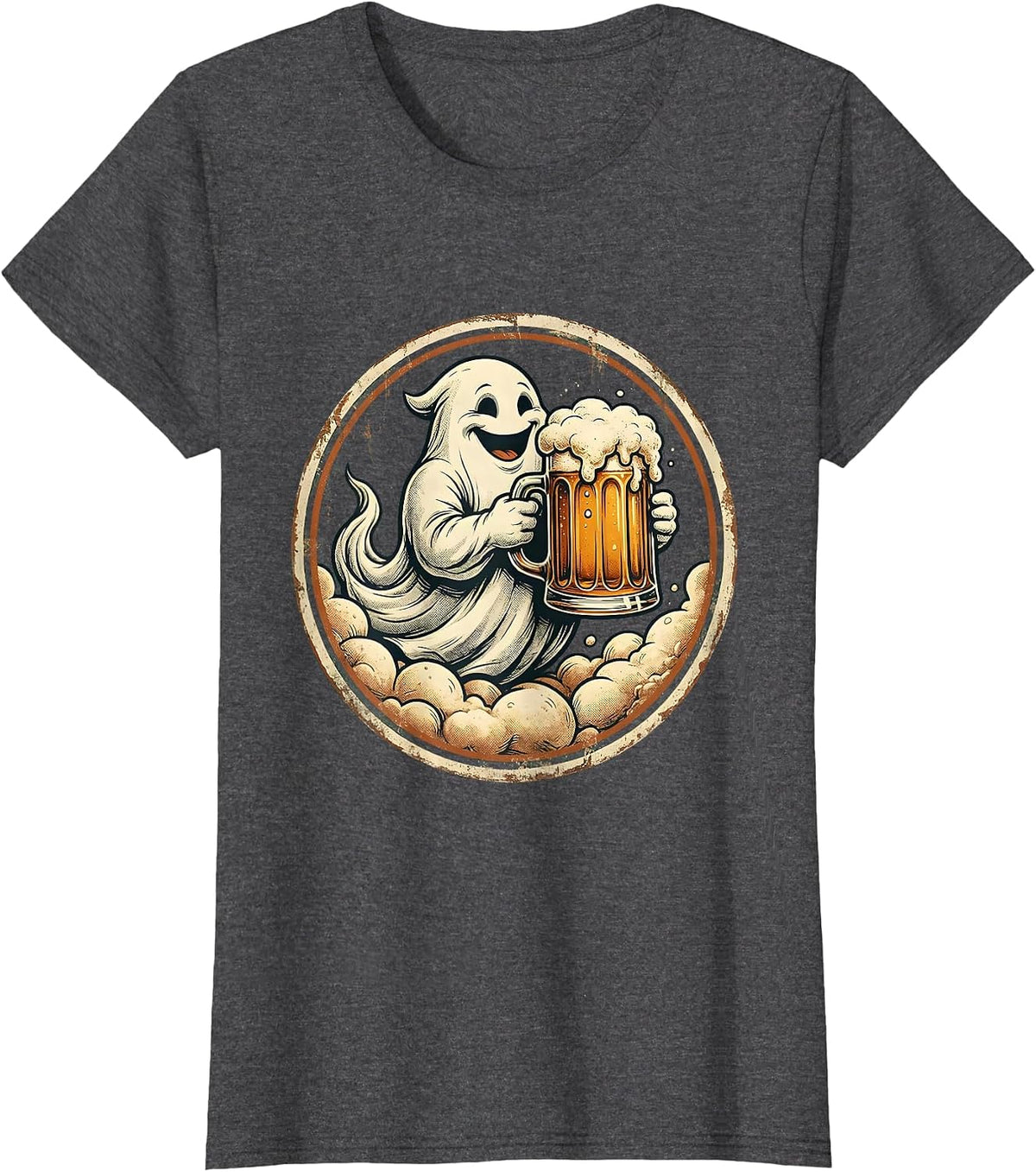 Women's Friendly Ghost Beer Mug Illustration T-Shirt - Dark Heather Grey