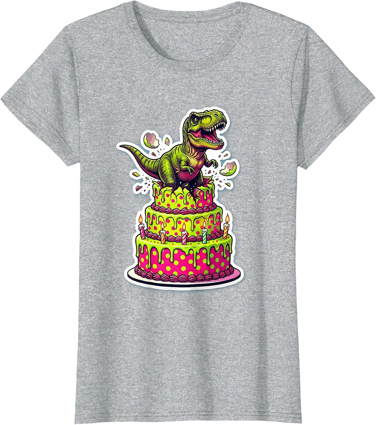 Baby Dinosaur Hatching Birthday Cake Illustration T-Shirt - Heather Grey