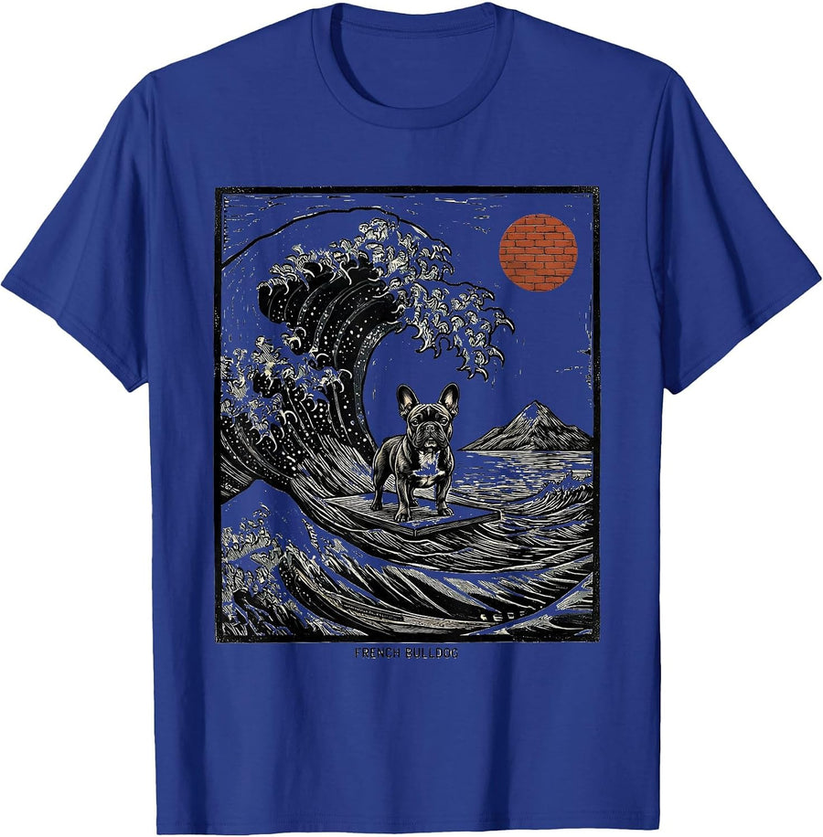 French Bulldog Woodcut Engraving Surfing Dog Breed Humor T-Shirt - Royal Blue