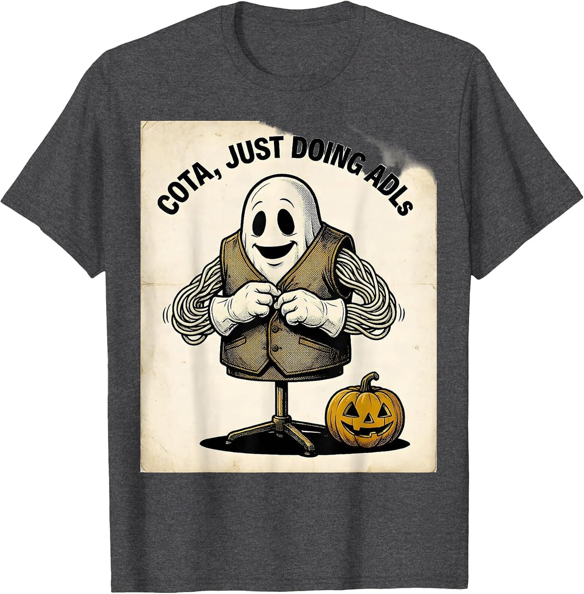 COTA Just Doing ADLs Retro Cartoon Ghost Physical Therapy T-Shirt - Dark Heather Grey