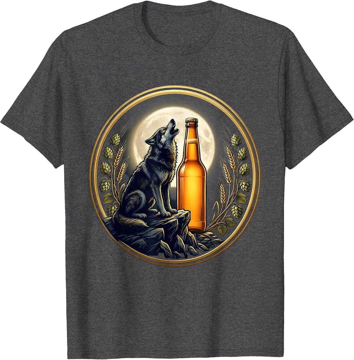 Men's Wolf Howling at Beer Bottle Moon Graphic T-Shirt - Dark Heather Grey