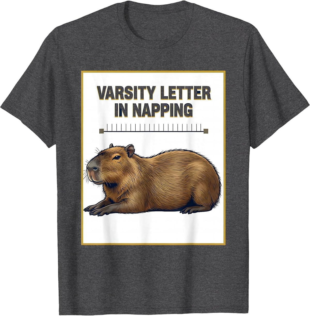 Varsity Letter In Napping Funny Capybara Animal Humor T-Shirt - Dark Heather Grey