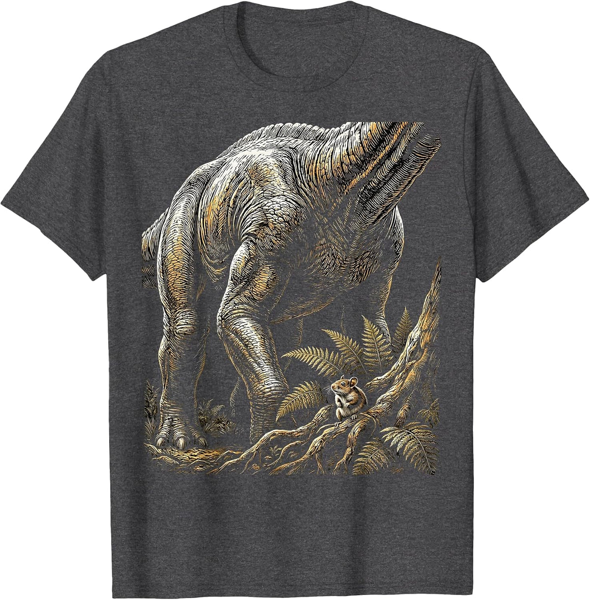 Small Mammal Watches Giant Dinosaur Pass By T-Shirt - Dark Heather Grey