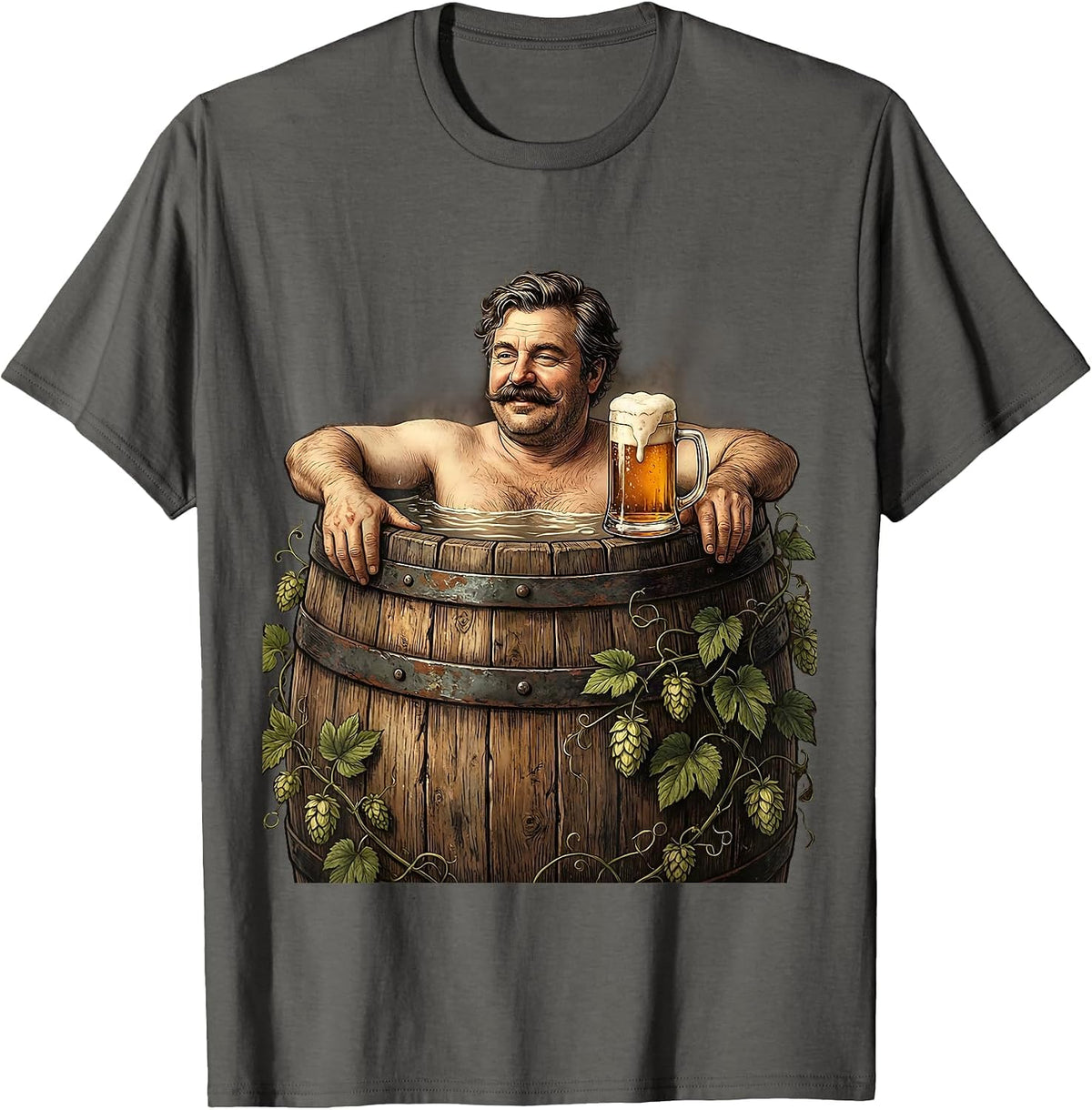 Mustachioed Relaxing in Beer Barrel Illustration T-Shirt - Asphalt Grey