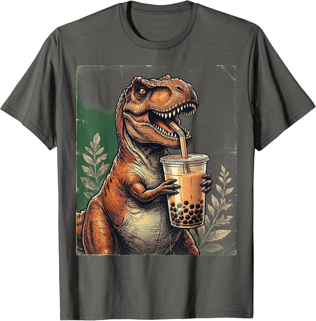 Dinosaur Boba Tea Lover Cute Dino Graphic T-Shirt - Asphalt Grey