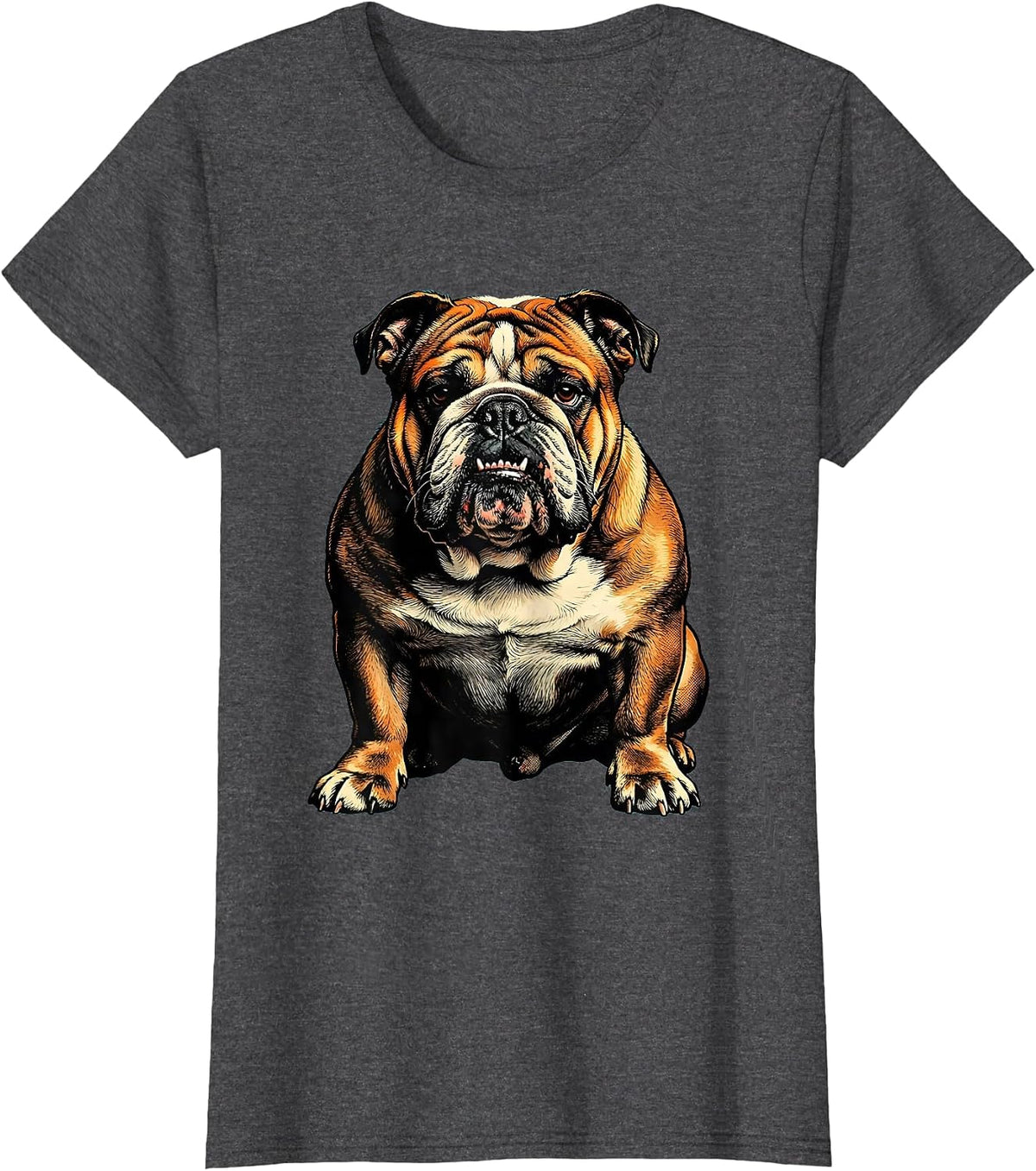 Women's English Bulldog Screenprint Poster Dog Lover Art T-Shirt - Dark Heather Grey