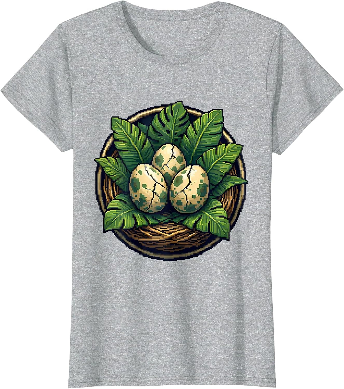 Dinosaur Eggs in Leafy Nest Close-Up Illustration T-Shirt - Heather Grey
