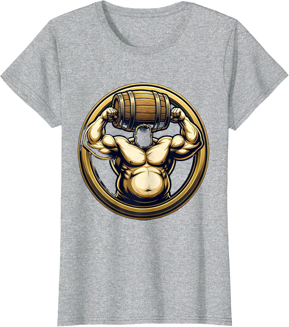 Stocky Beer Keg Flexing Muscle Graphic T-Shirt - Heather Grey