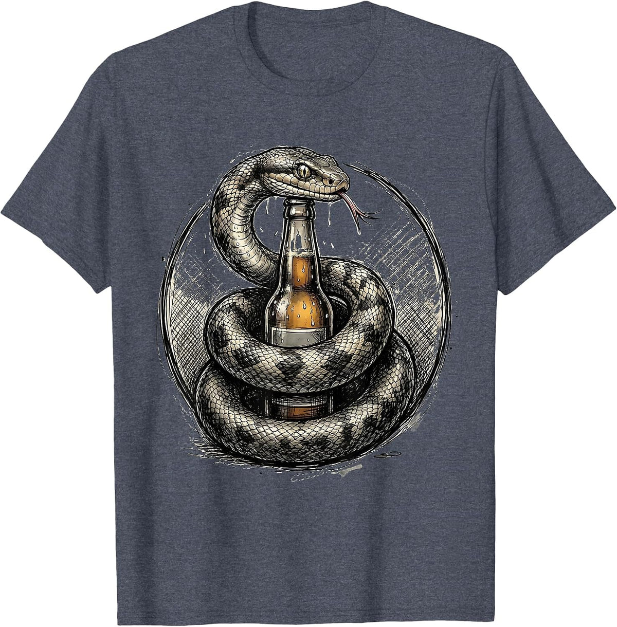 Snake Coiled Around Beer Bottle Graphic T-Shirt - Heather Blue