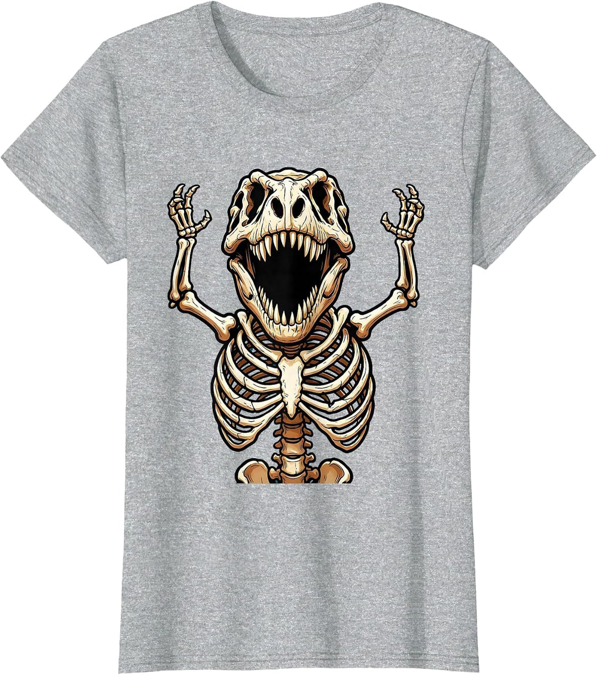 T-Rex Skeleton Mid-Roar Dinosaur Graphic T-Shirt - Heather Grey