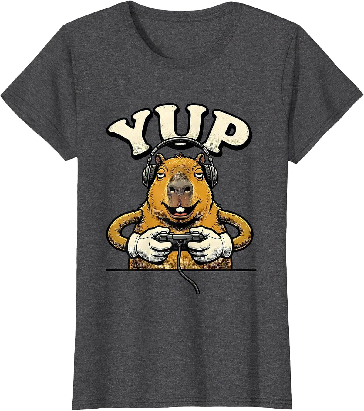 Women's Yup Retro Cartoon Capybara Gamer Meme Humor T-Shirt - Dark Heather Grey