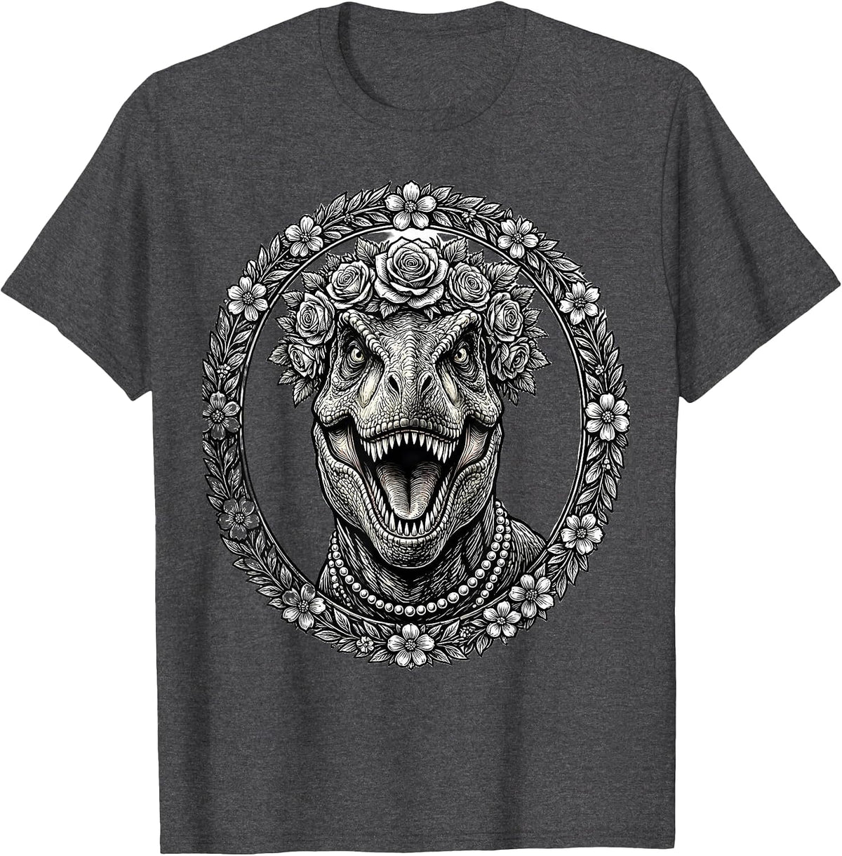 Floral Crown T-Rex Dinosaur with Pearls Design T-Shirt - Dark Heather Grey