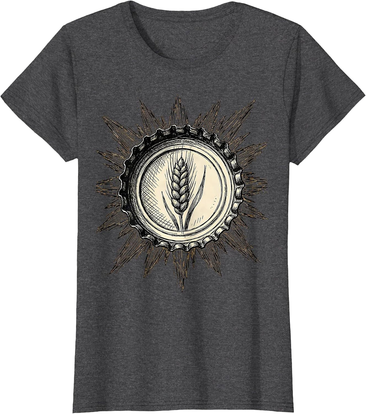 Women's Vintage Beer Bottle Cap Sun Rays Graphic Tee T-Shirt - Dark Heather Grey
