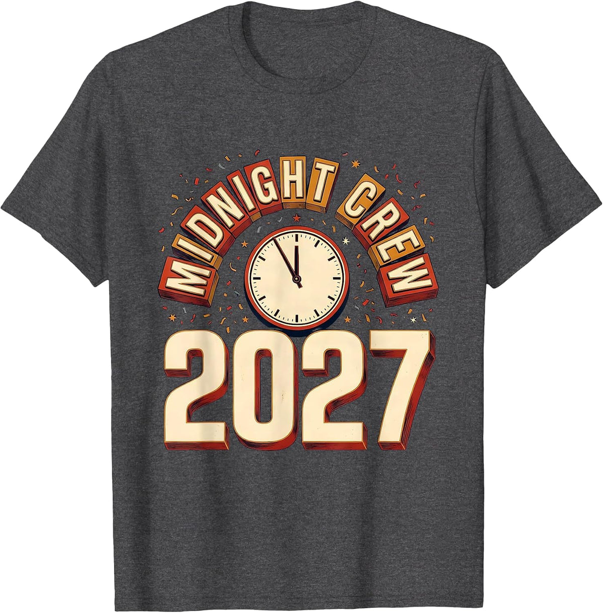 Men's Midnight Crew 2027 Wood Type Letterpress New Year Eve Party T-Shirt - Dark Heather Grey