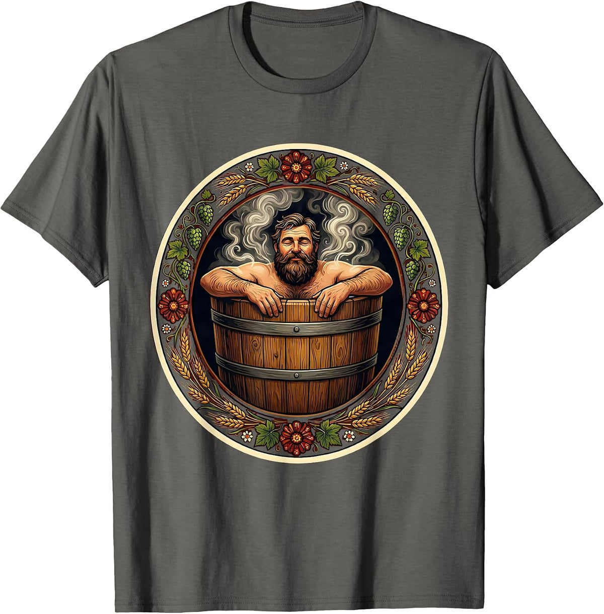 Men's Bearded Barrel Hot Tub Beer Relaxation Graphic T-Shirt - Asphalt Grey