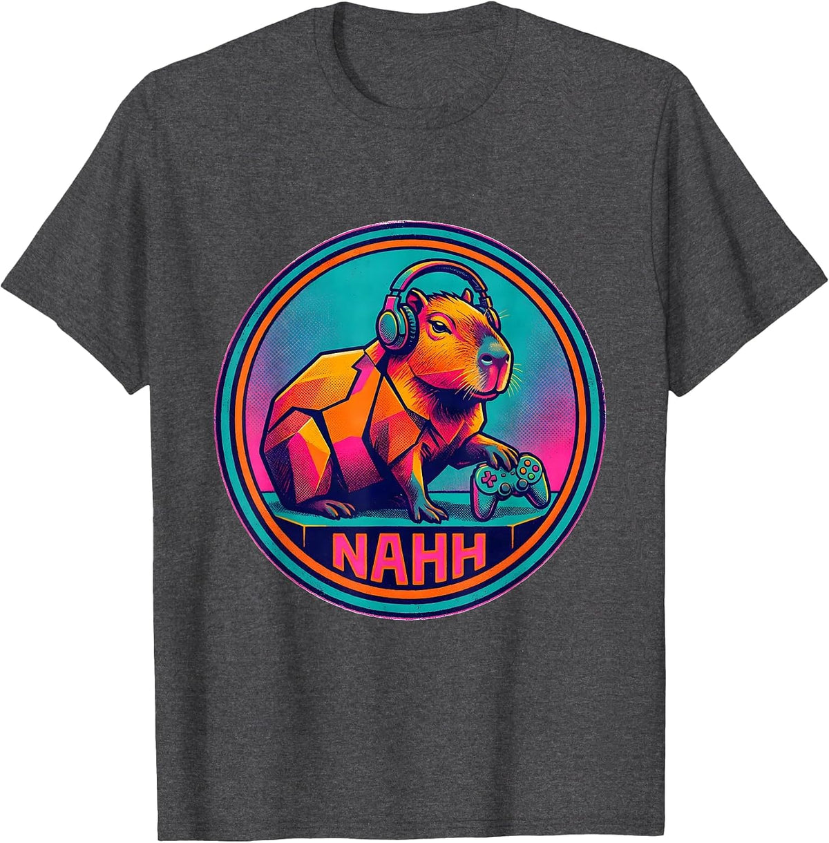 Men's Nahh Risograph Capybara Gamer Meme Humor Funny Video Games T-Shirt - Dark Heather Grey