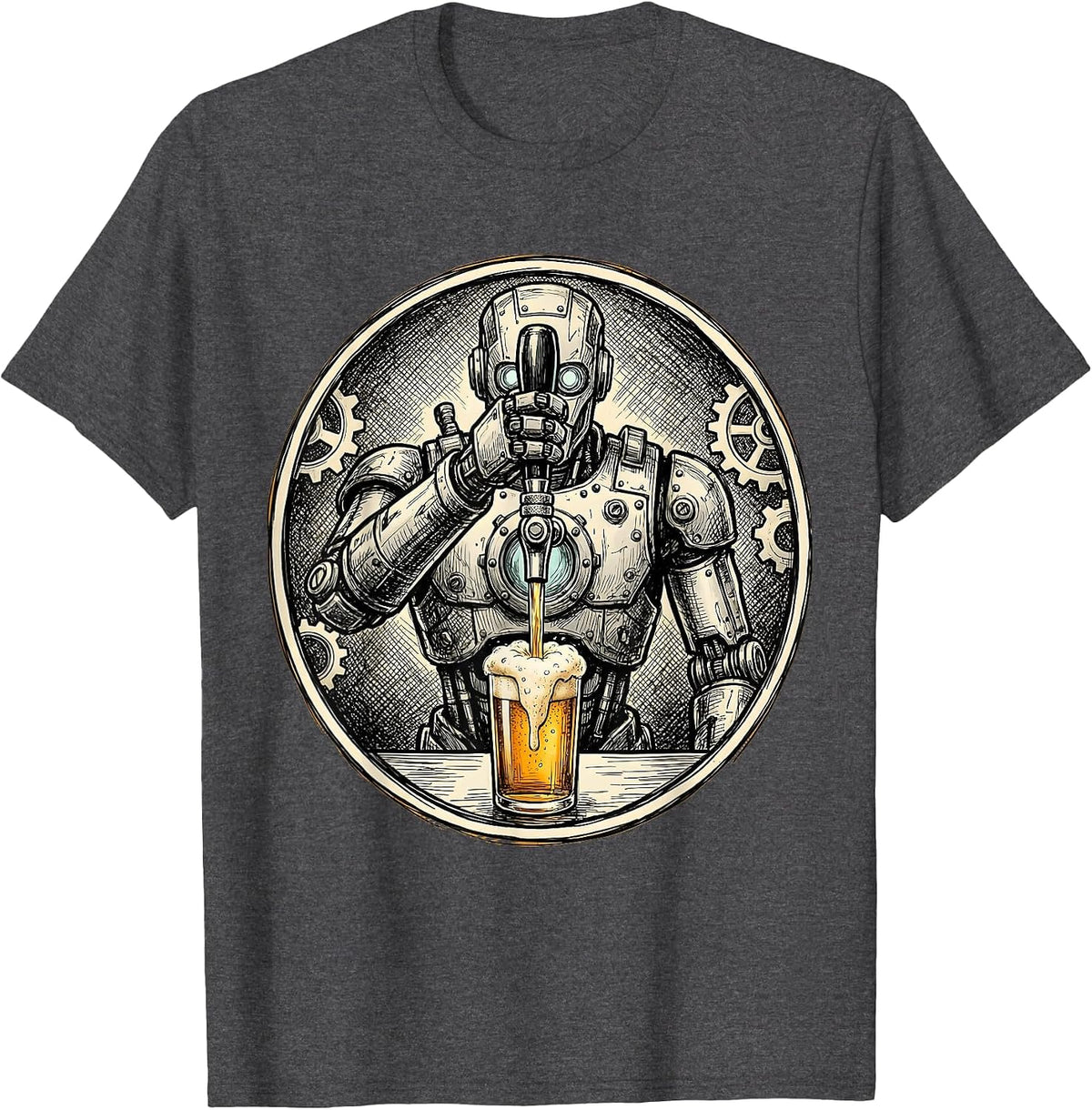 Robot Bartender Beer Tap Graphic Tee T-Shirt - Dark Heather Grey