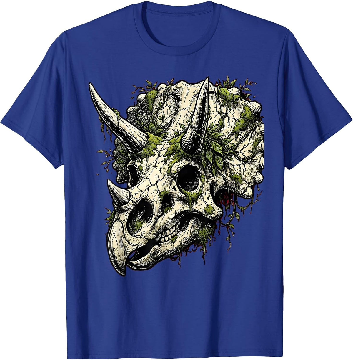 Mossy Triceratops Skull Dinosaur Illustration T-Shirt - Royal Blue