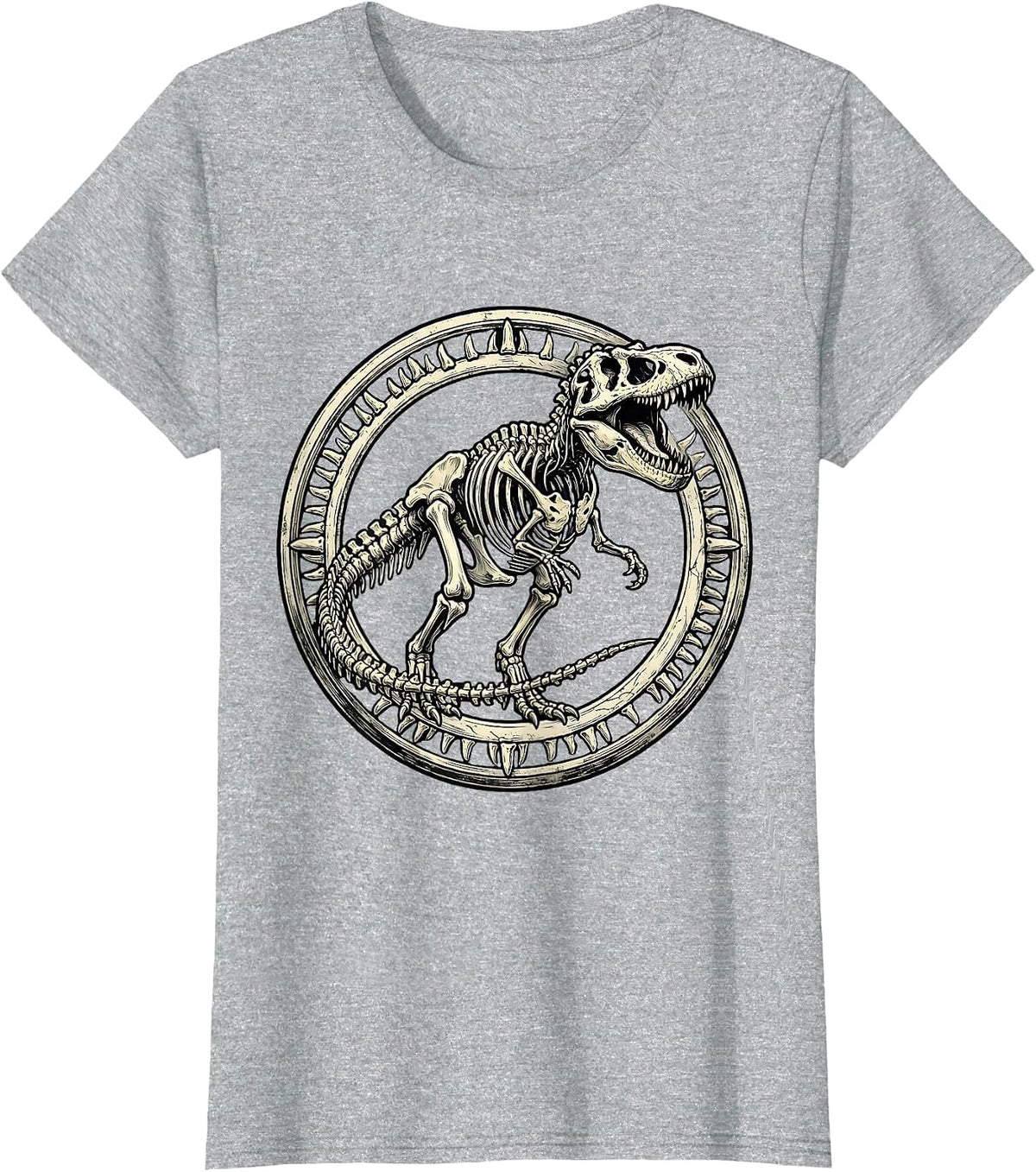 T-Rex Skeleton Roaring Dinosaur Graphic T-Shirt - Heather Grey