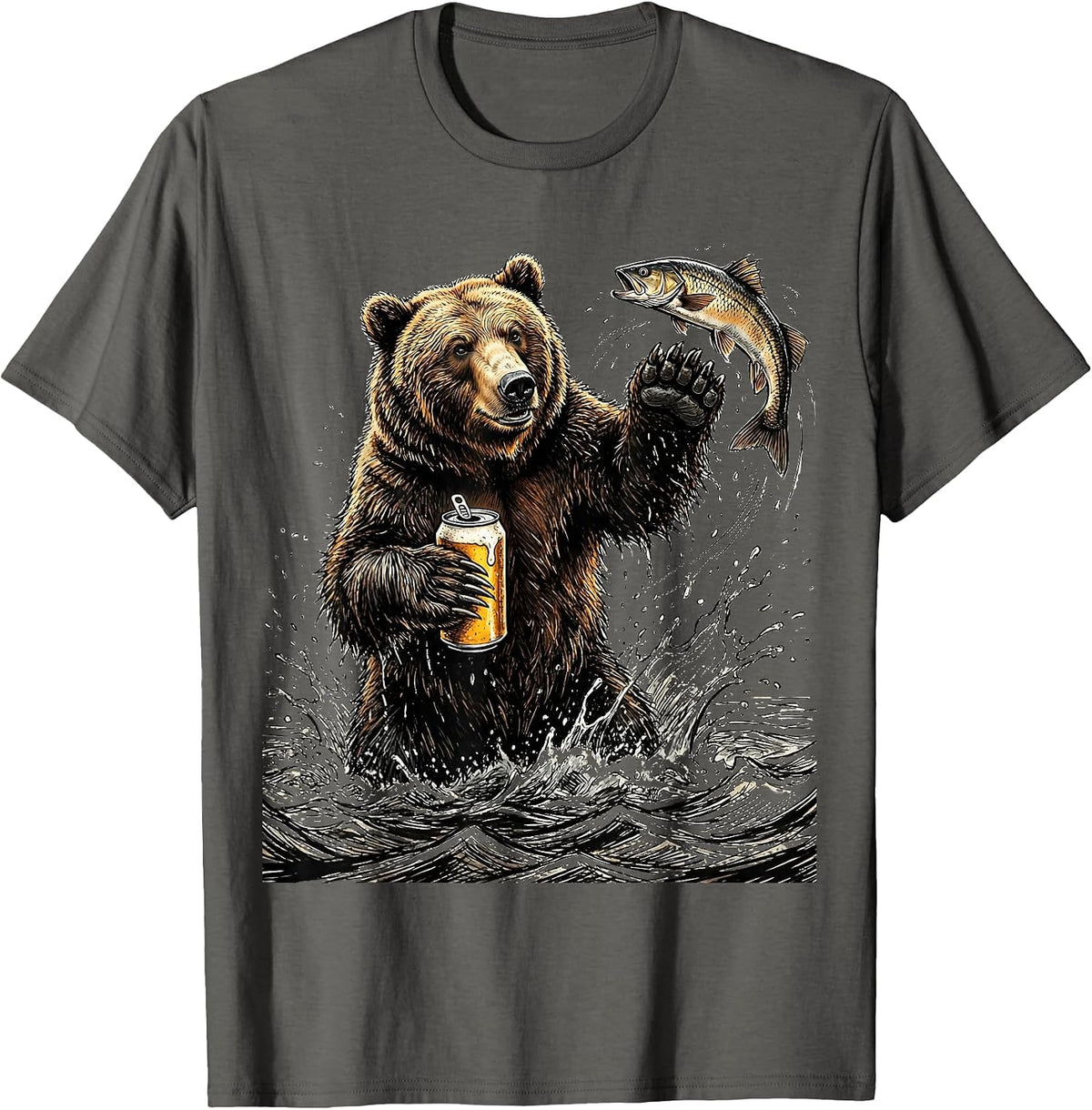 Grizzly Bear Fishing With Beer Graphic Tee T-Shirt - Asphalt Grey