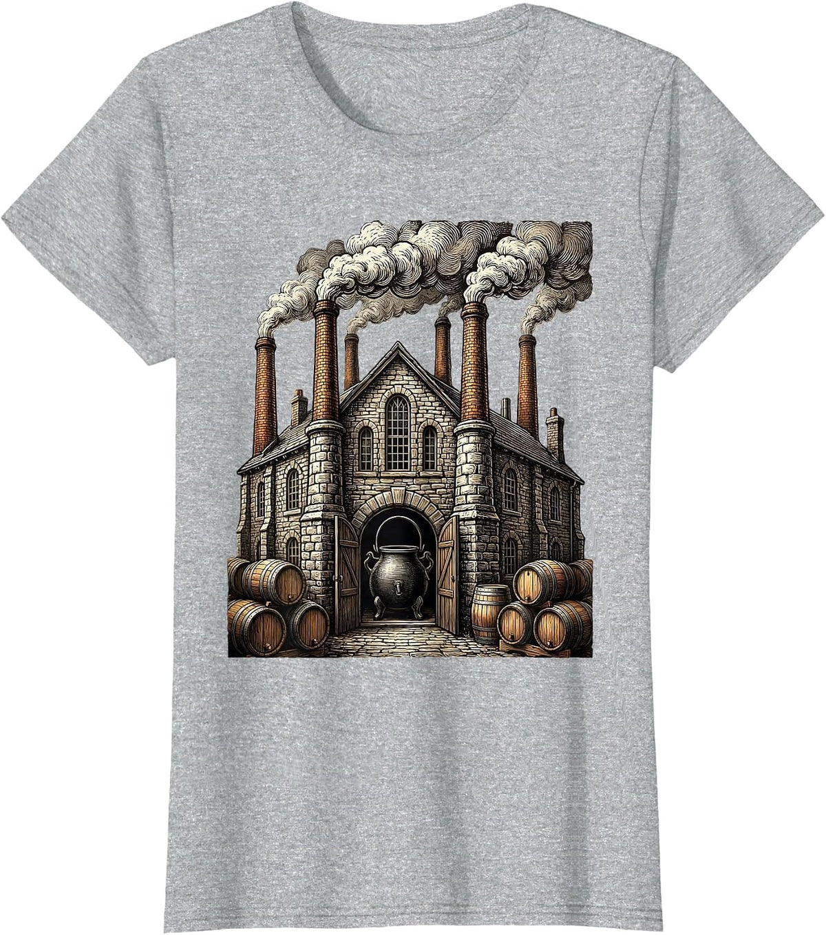 Old-Fashioned Brewery Smoking Chimneys Graphic T-Shirt - Heather Grey