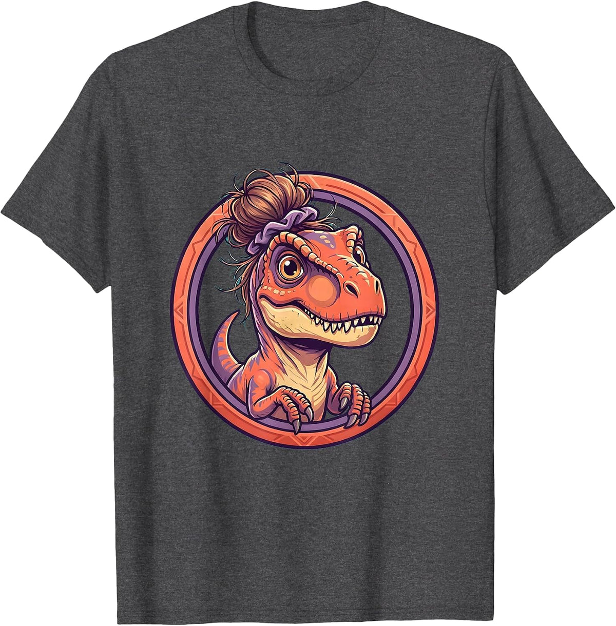 Velociraptor Messy Bun Dinosaur Graphic Tee T-Shirt - Dark Heather Grey