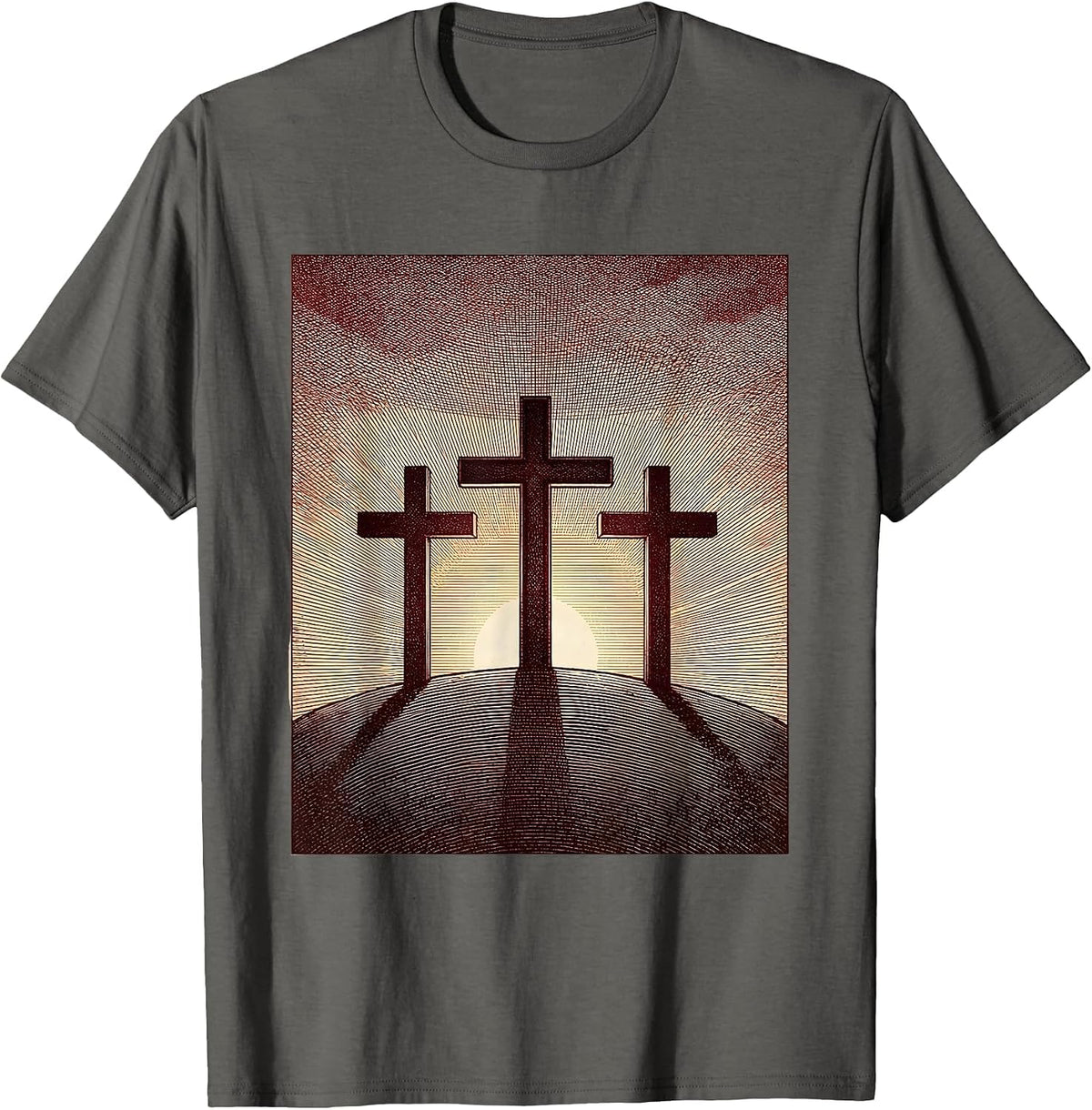 Three Crosses Crimson Sunset Silhouette T-Shirt - Asphalt Grey