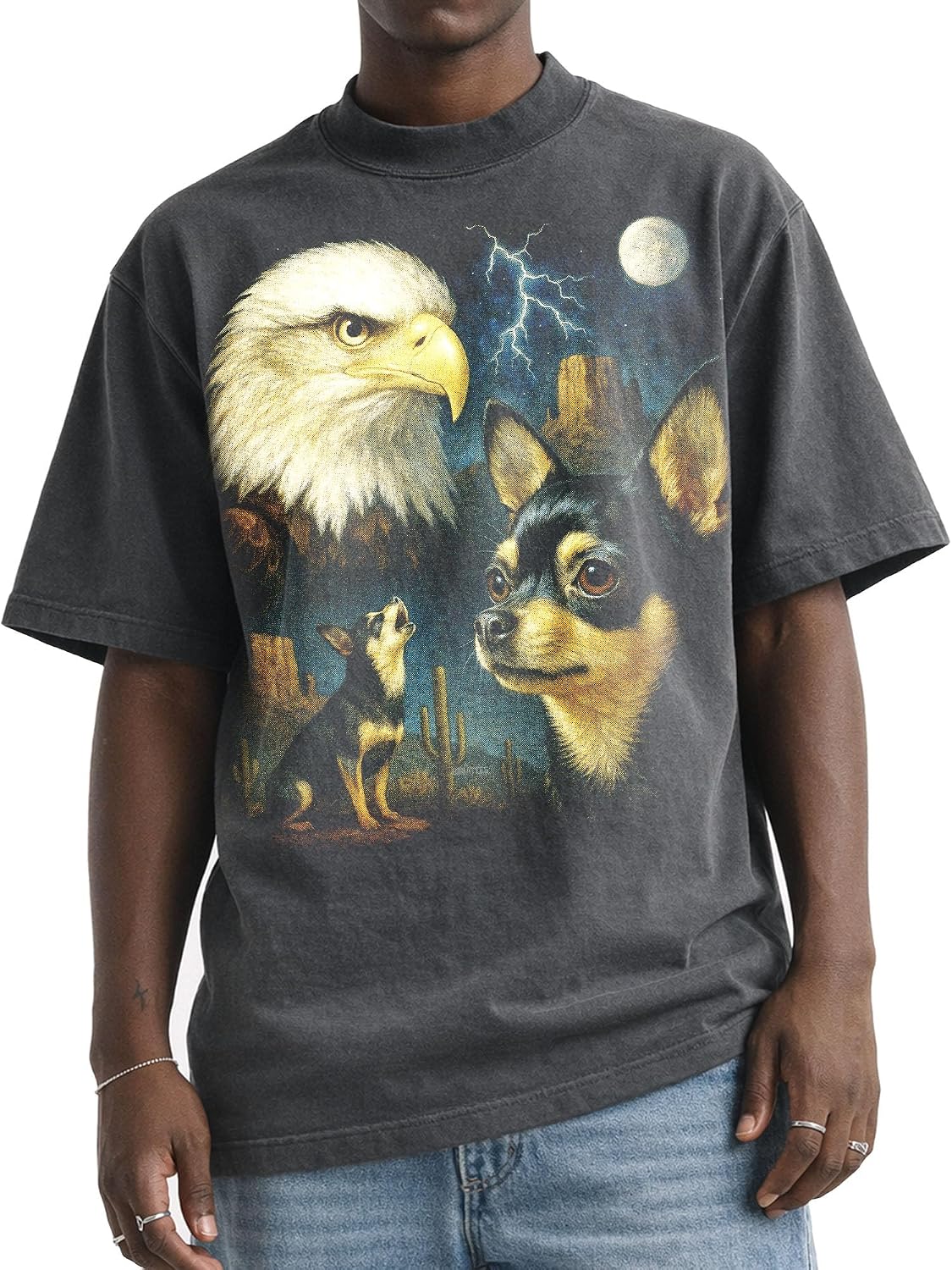 Shaka Wear Dog & Bald Eagle Thunder Tshirt - Faded Max-Heavyweight 7.5oz Oversized & Boxy - Black and Tan Chihuahua