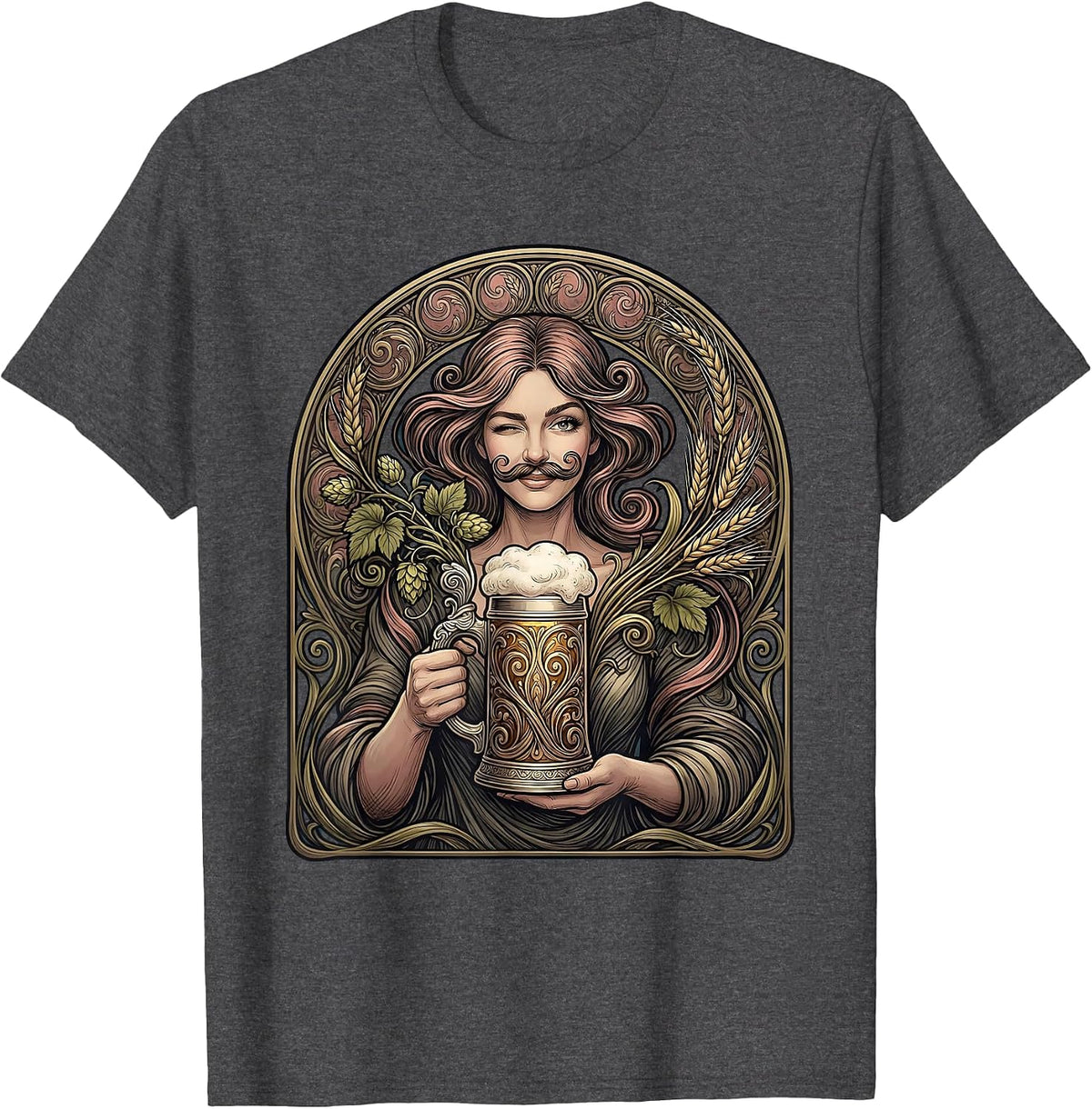 Men's Beer Foam Mustache Winking Illustration T-Shirt - Dark Heather Grey