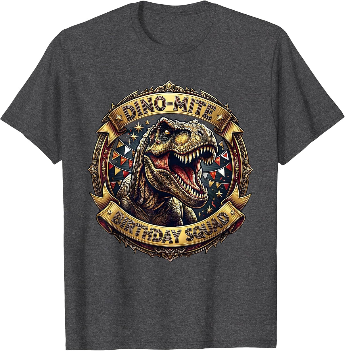 Men's Dino-Mite Birthday Squad Dinosaur Design T-Shirt - Dark Heather Grey