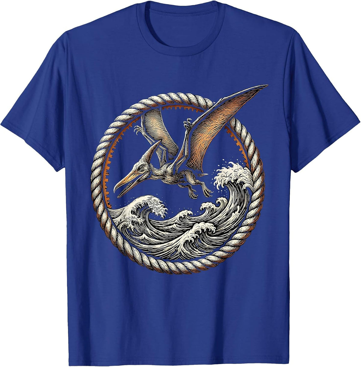 Pterodactyl Diving Over Ocean Waves Dinosaur T-Shirt - Royal Blue