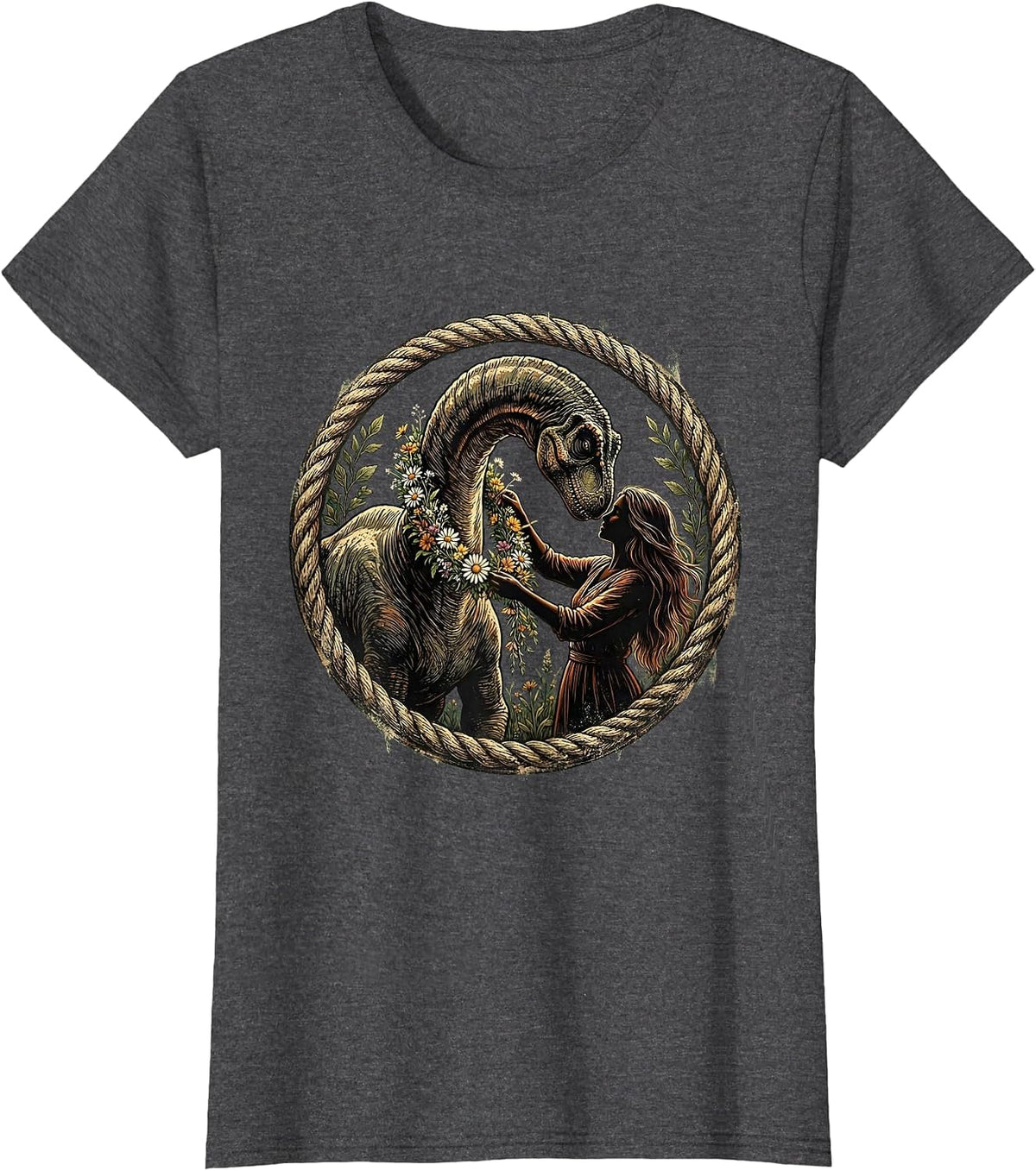Women's Brachiosaurus Flower Braid Dinosaur Illustration T-Shirt - Dark Heather Grey