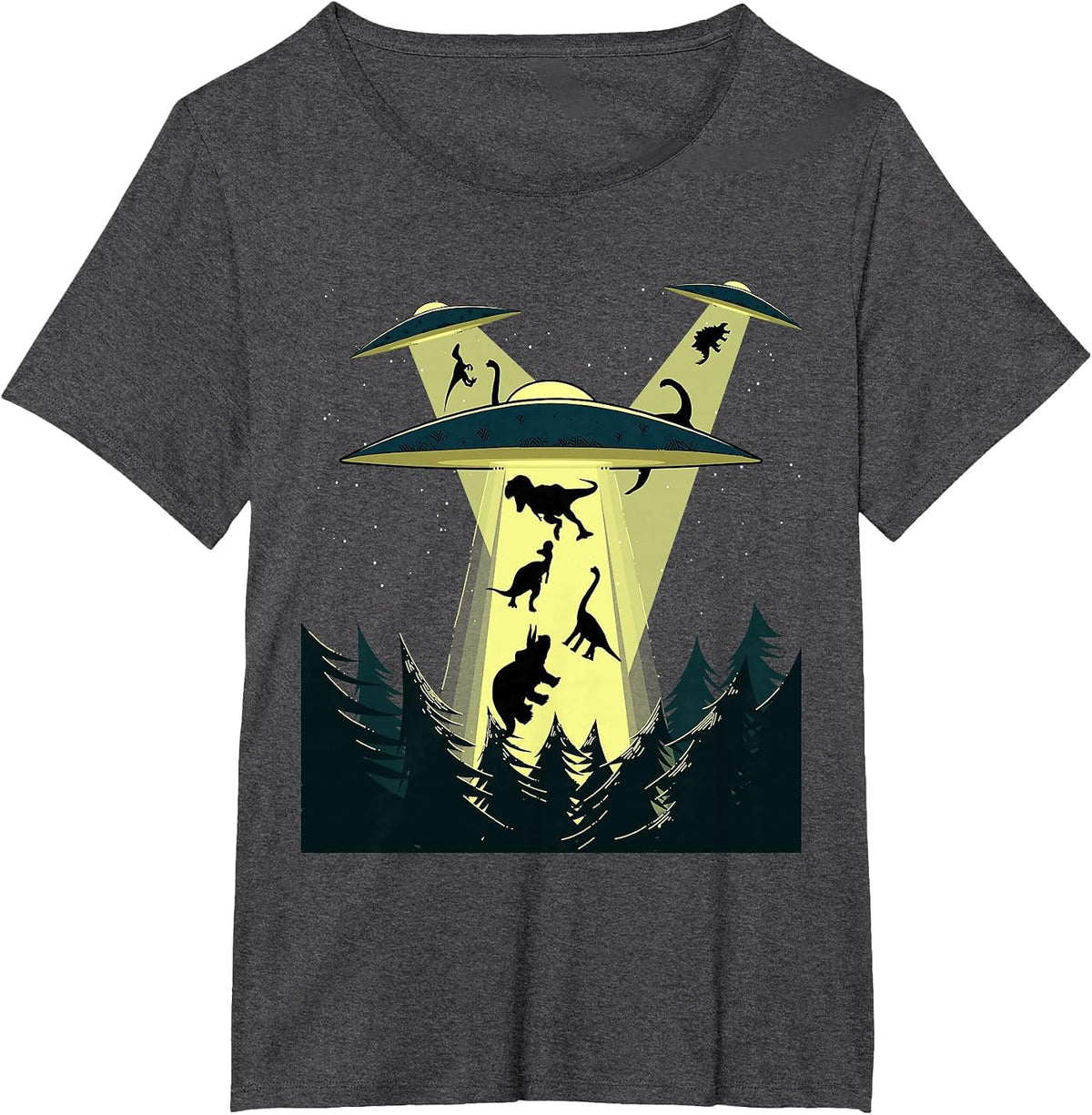 Alien Abduction Spaceship Dinosaurs Funny Vintage UFO Alien T-Shirt - Dark Heather Grey