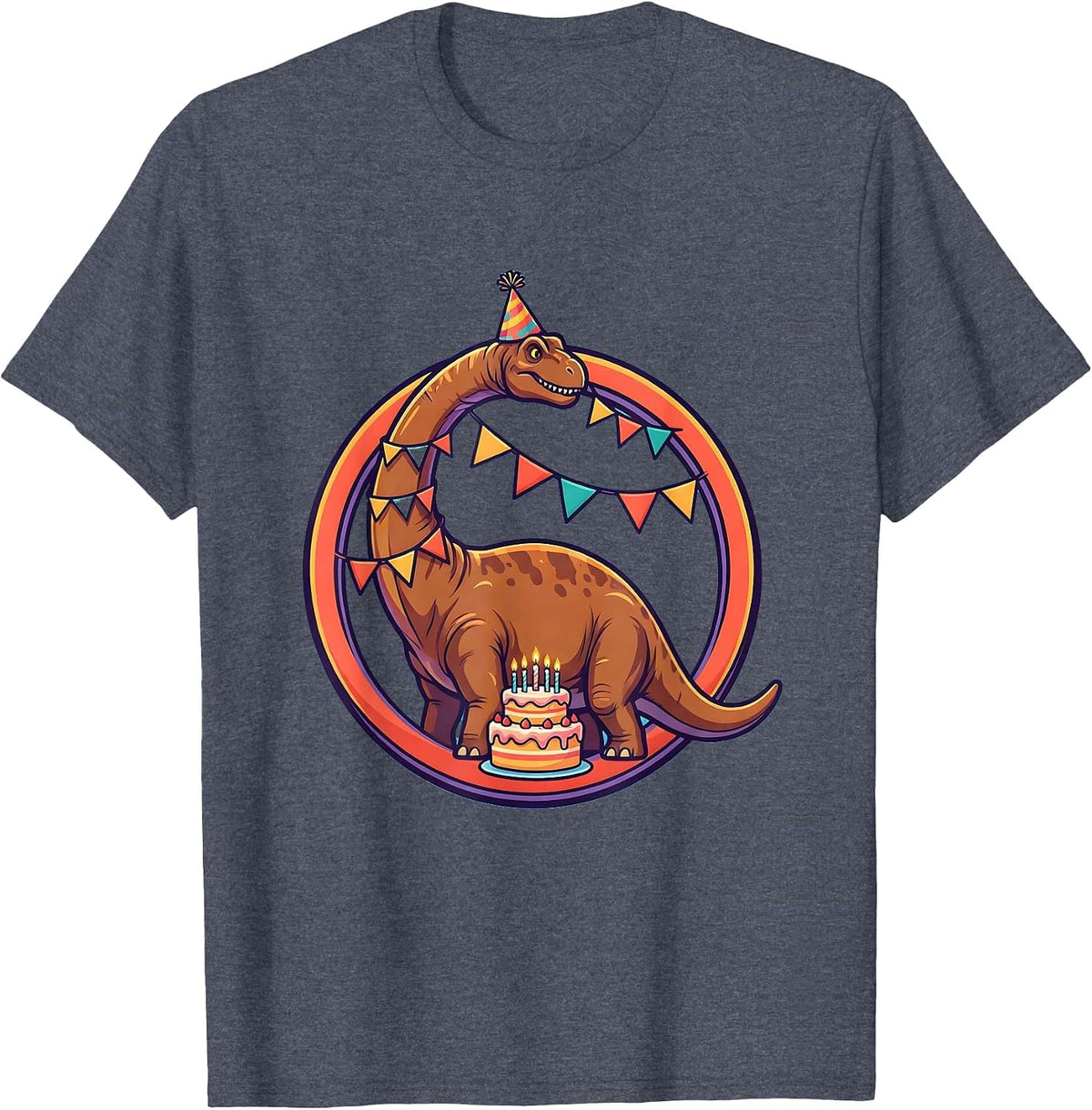 Brachiosaurus Birthday Banner Dinosaur Graphic T-Shirt - Heather Blue