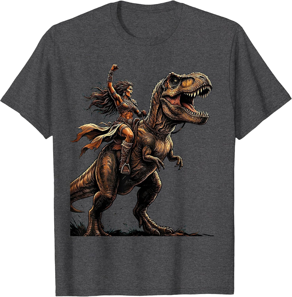 Men's Dino Rider Wild T-Rex Rearing Dinosaur Design T-Shirt - Dark Heather Grey