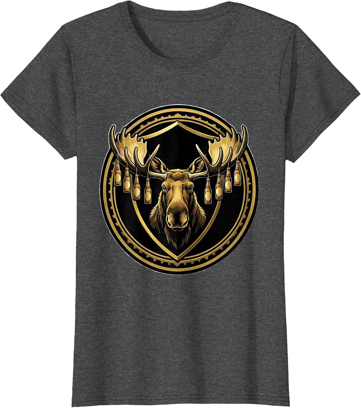 Women's Moose Antlers Beer Bottles Graphic Design T-Shirt - Dark Heather Grey