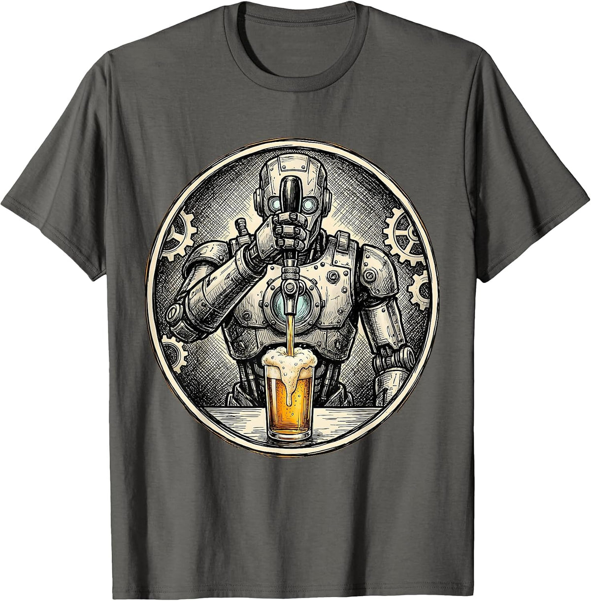 Robot Bartender Beer Tap Graphic Tee T-Shirt - Asphalt Grey