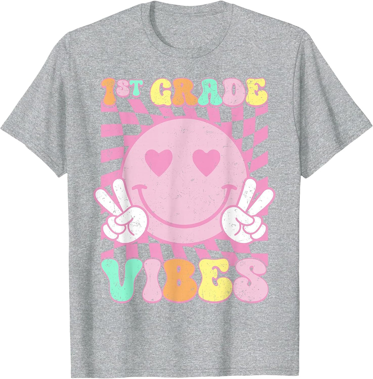 Pink 1st Grade Vibes Smile Face Back to School First Grade T-Shirt - Heather Grey