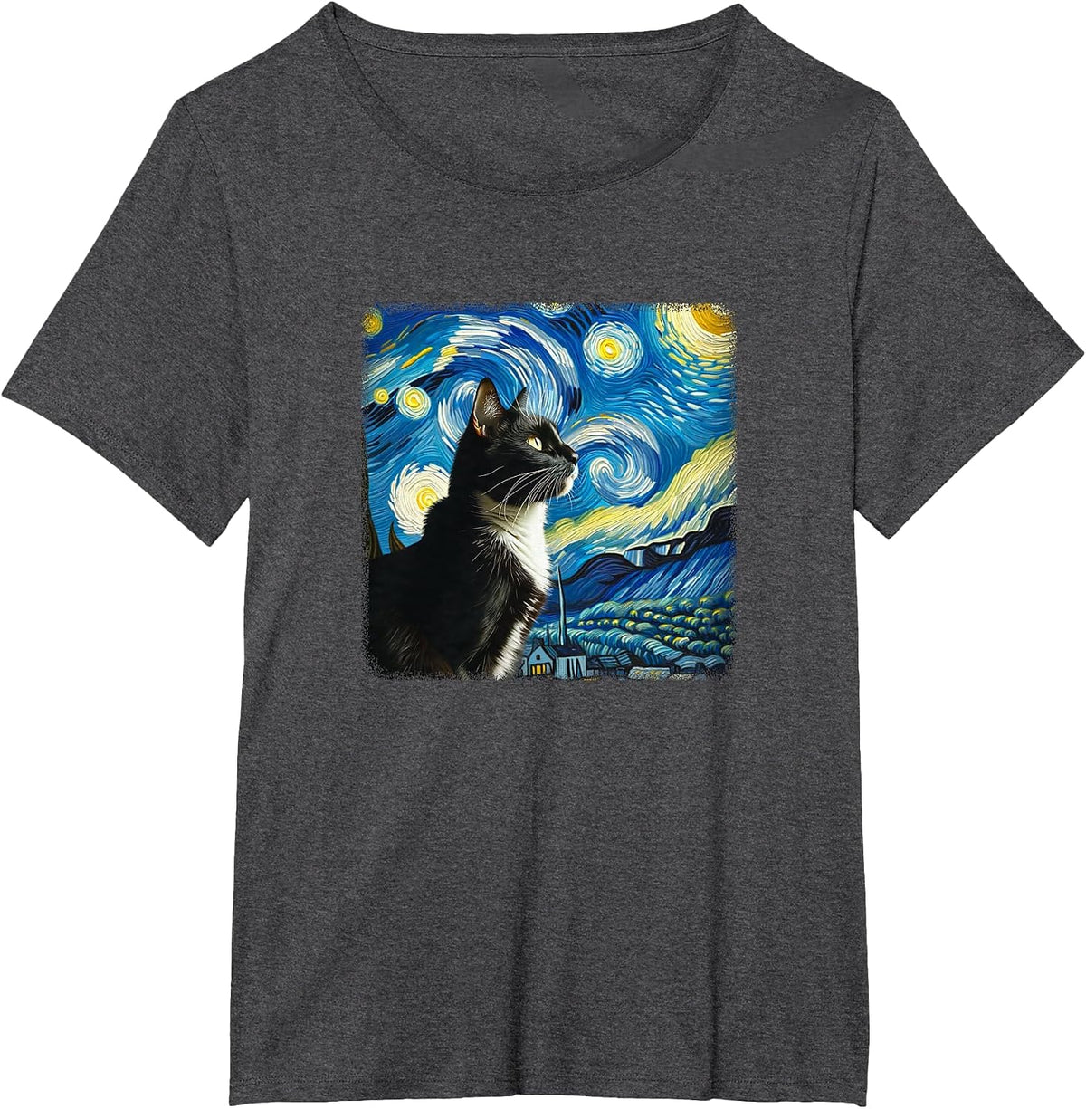 Tuxedo Cat Starry Night - Van Gogh Style - T-Shirt - Dark Heather Grey