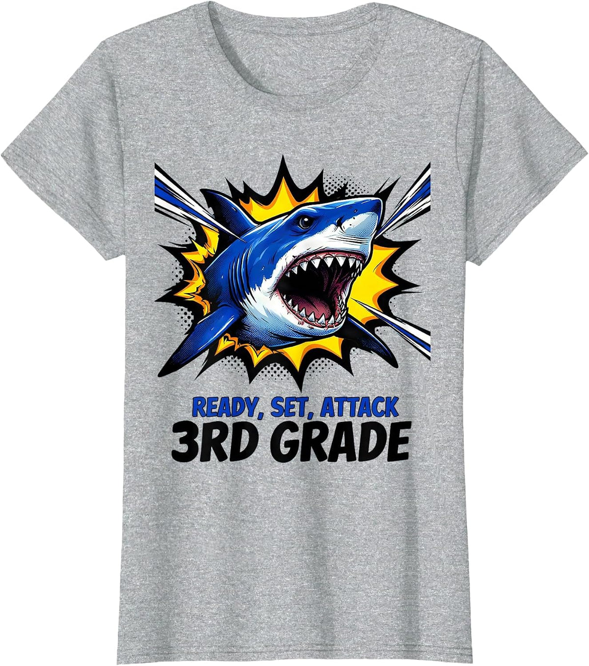 Ready, Set, Attack 3rd Grade Comic Book Shark First Day T-Shirt - Heather Grey