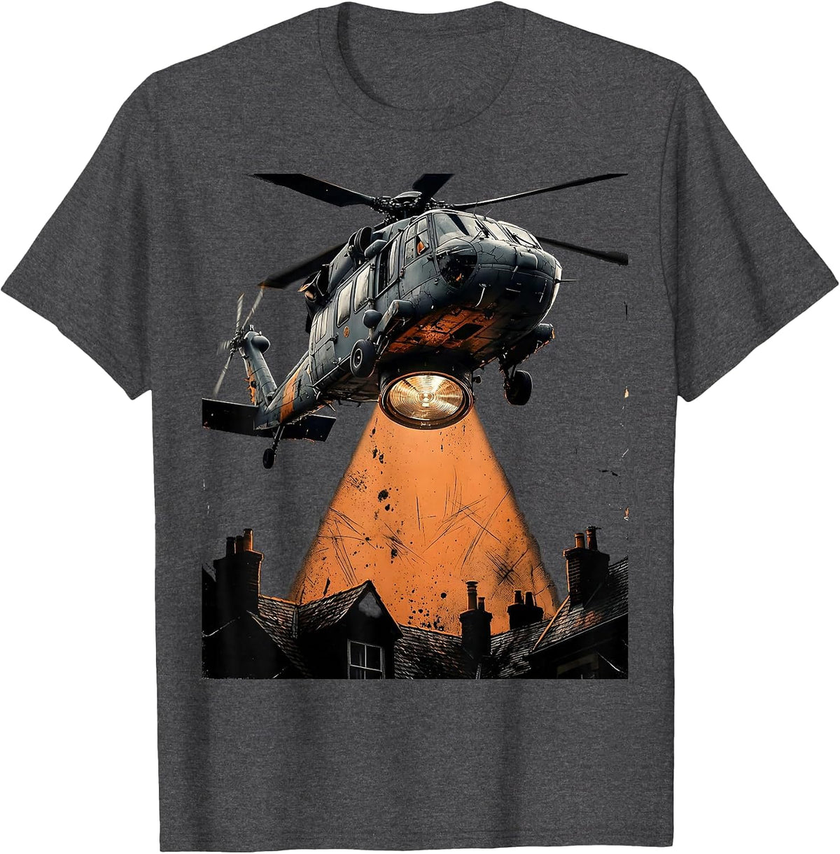 Men's Police Helicopter Searchlight Over Dark Rooftops T-Shirt - Dark Heather Grey